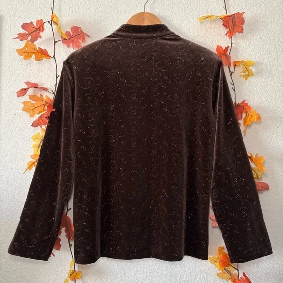 Draper’s & Damon's Vintage Brown Velvet Floral Glitter Button Down Shirt Size S - Picture 3 of 11